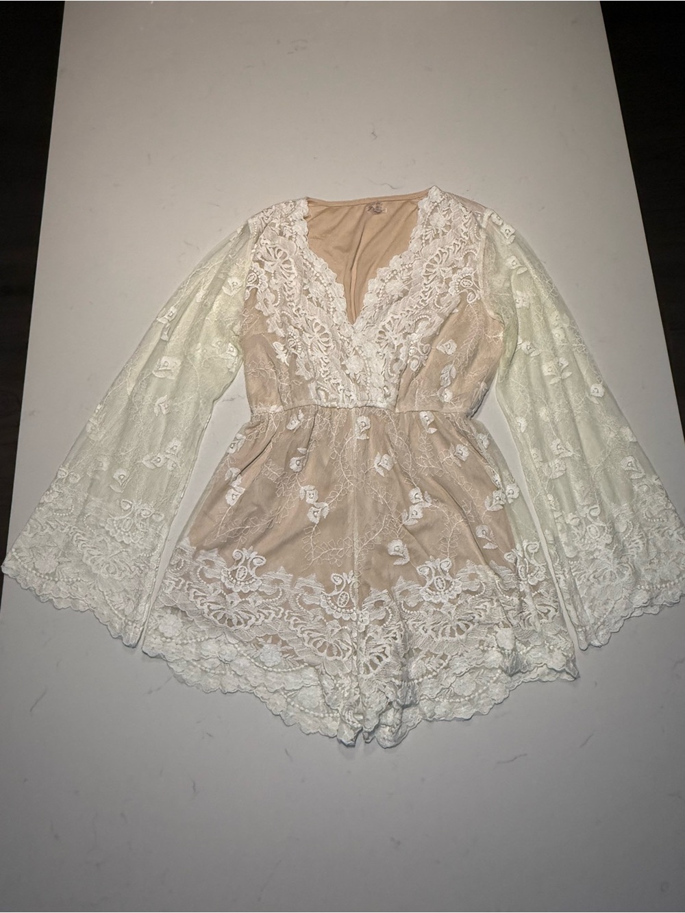 Lace Overlay V-Neck Romper - Ivory/Nude